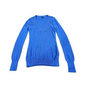 Express Y2K Deep V Ribbed Knit Sweater Skinny Sleeves Cobalt Blue Small